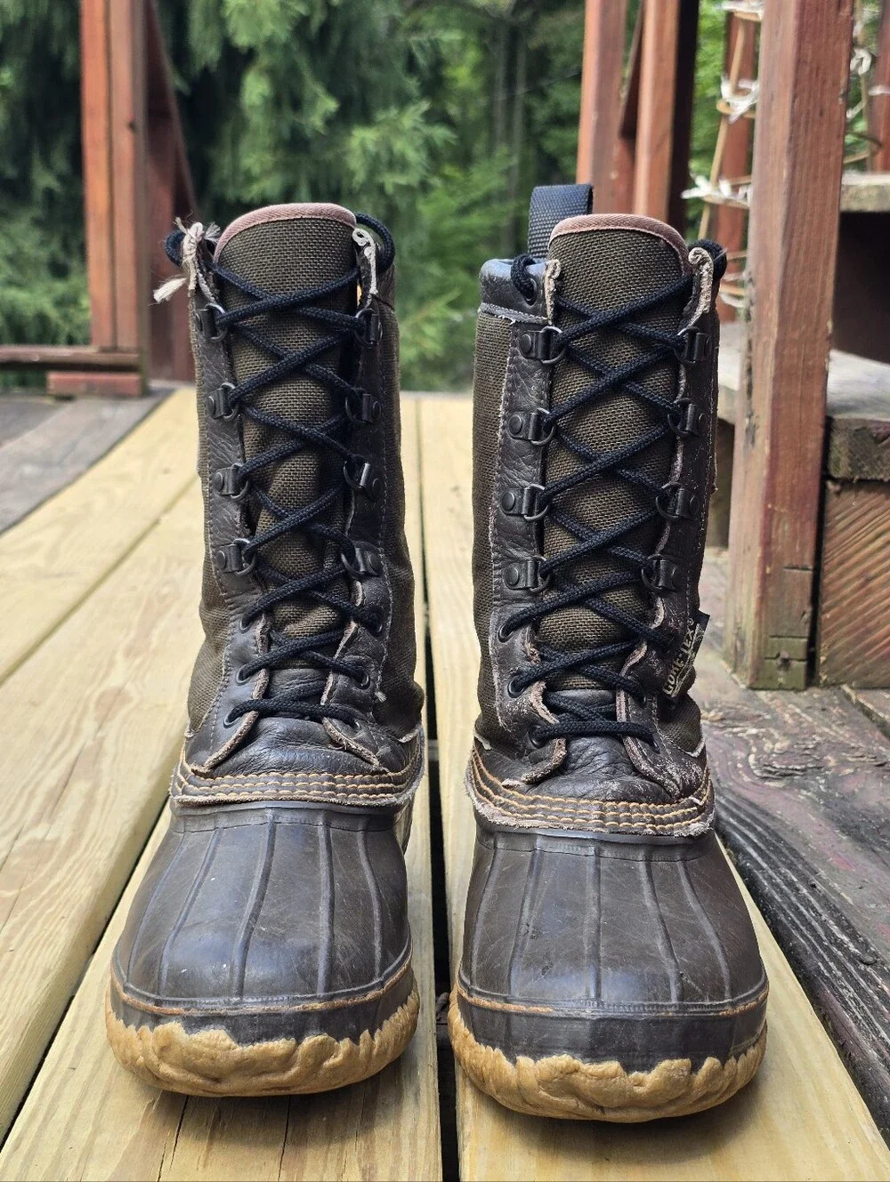 Rocky Vtg Gore-Tex Brown Leather, Olive Green Canvas Rubber 11.5” Boots, Sz 8